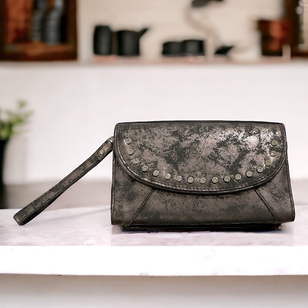 Metallic Silver and Black studded Clutch purse with wrist band